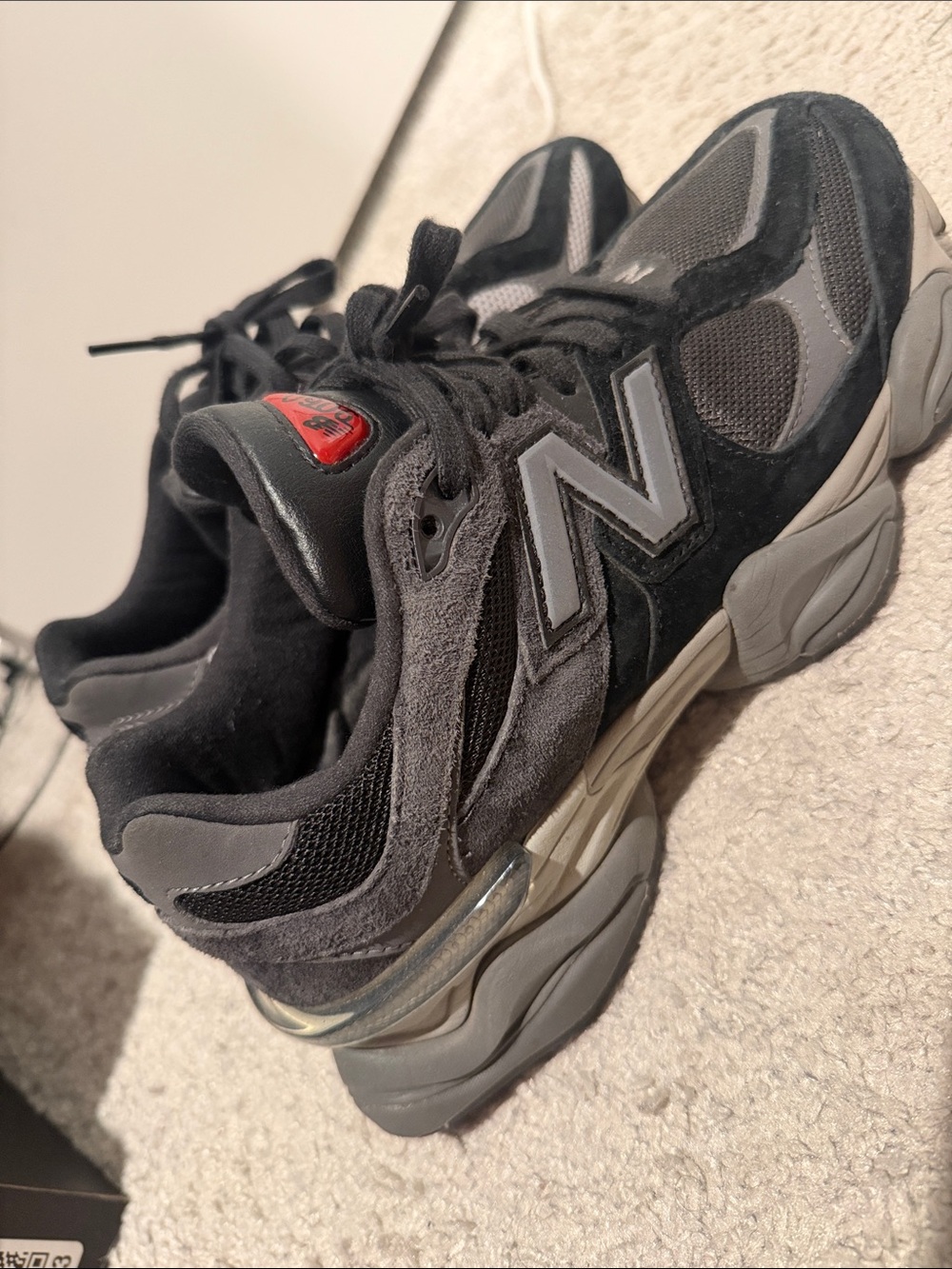 New Balance Men's Black and Gray Mesh Suede Sneakers with Red Accent